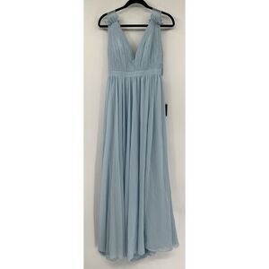 NWT Ieena Mac Duggal 55321 Powder Blue Pleated Chiffon Sleeveless V-Neck Gown‎